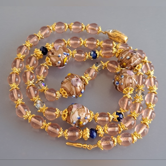 VTG Style Pink Rose & Wedding Cake ART GLASS BEADED NECKLACE 26" GF and Vermeil - Picture 5 of 11